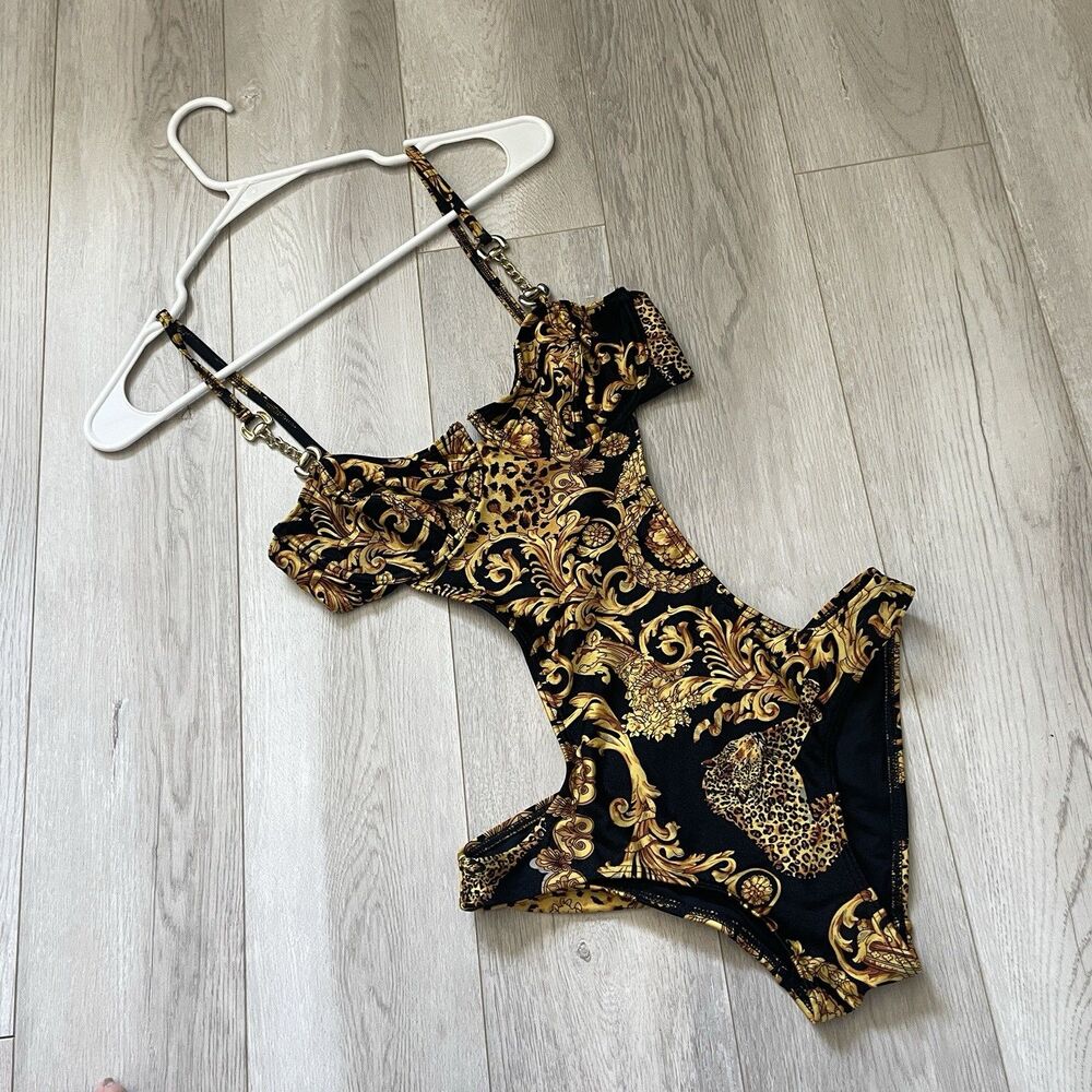 Minkpink Baroque Swimsuit cutout one piece womens Black Gold (xsmall)